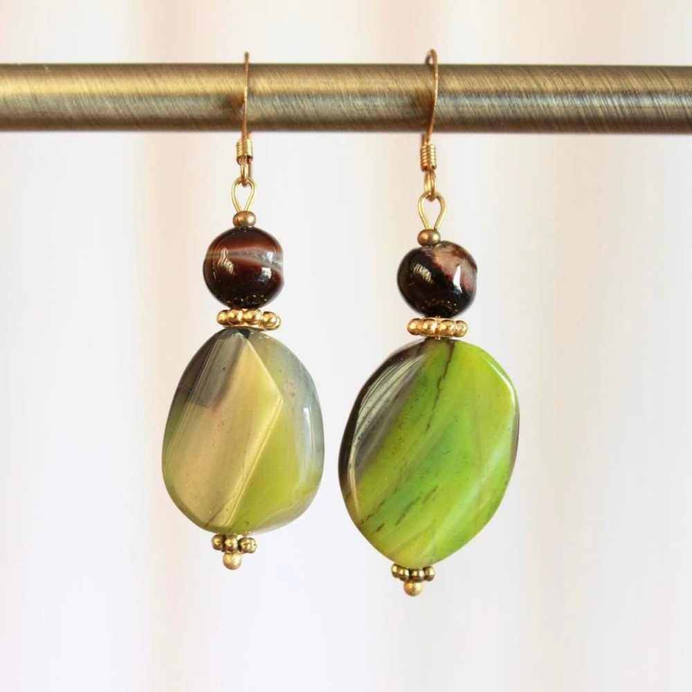 Handmade Green Agate Beaded Dangle Drop Earrings Forest Fairy Boho Bohemian